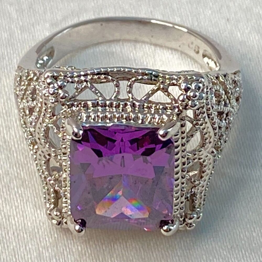 925 Sterling Silver Ring Filigree Encircling Purple Rectangular Faceted Stone